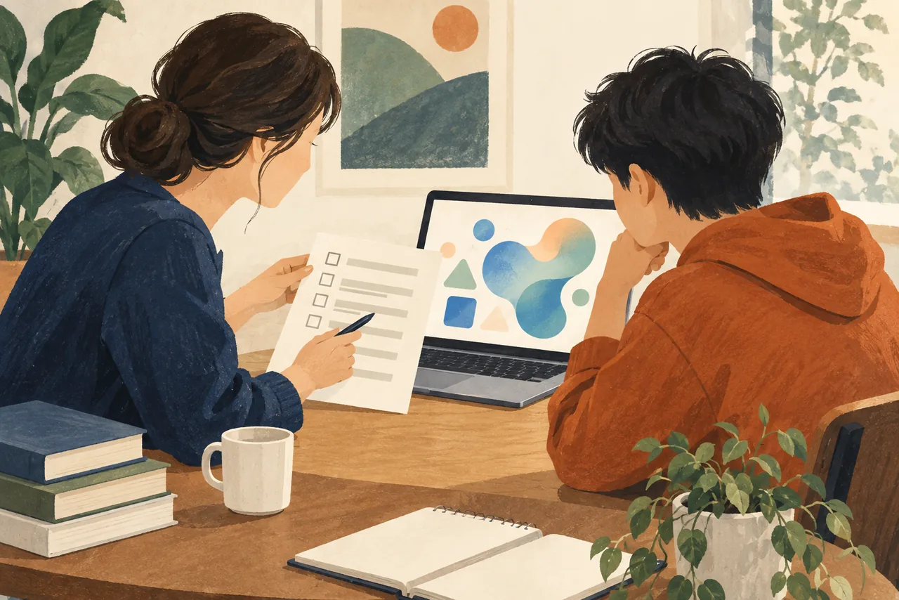 성인과 학생이 체크리스트와 노트북을 함께 보며 AI 결과를 검토하는 AI 생성 일러스트