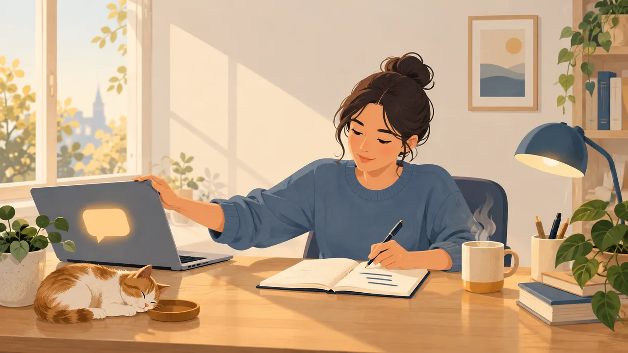 노트북 화면의 채팅을 잠시 밀어두고 종이 노트에 세 줄을 직접 쓰는 사람을 그린 AI 생성 일러스트